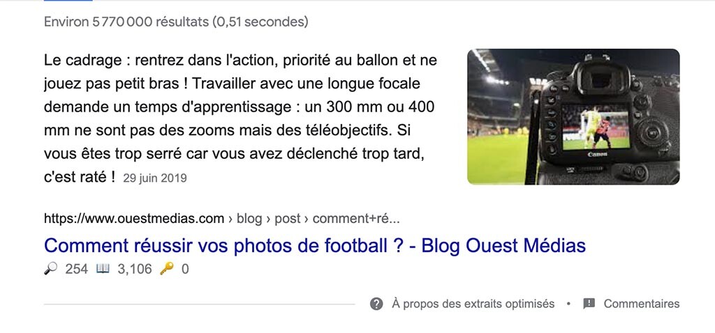Extrait enrichi Ouest Médias dans Google sur la requête Réussir vos photos de football