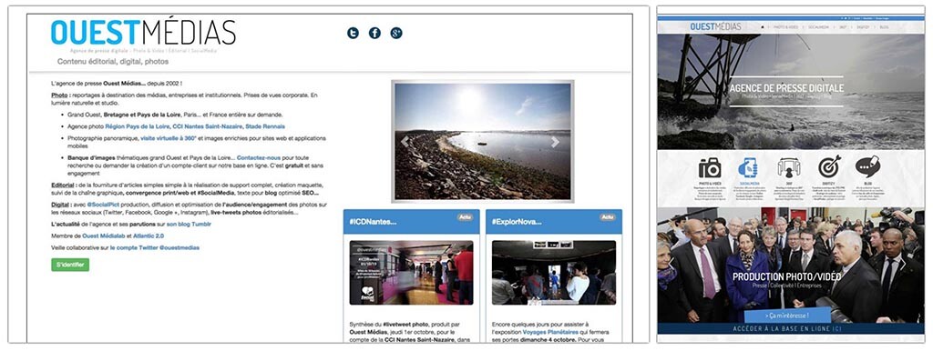 L'ancienne base en ligne photo Ouest Médias (à gauche) avec sa page d'accueil début 2015 et la maquette du site lancé à suivre début 2016 en phase avec la transformation numérique de l'entreprise