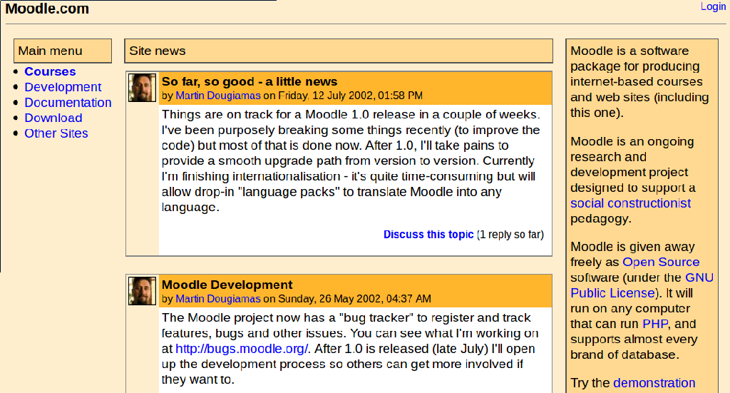 Copie d'écran de l'interface Moodle App à son lancement en 2001/2002
