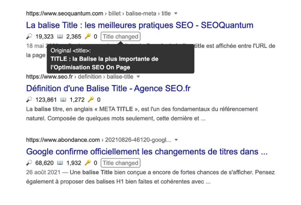 Capture d'écran de la première page des résultats de recherche Google sur la requête « balise title »