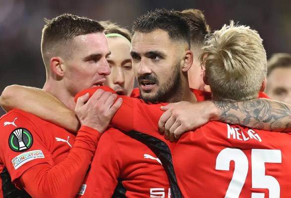 La joie de Gaëtan Laborde (Stade Rennais) après son 2e but contre Vitesse Arnhem, le 25/11/2021, au Roazhon Park en phase de poule de l'UEFA Conference League