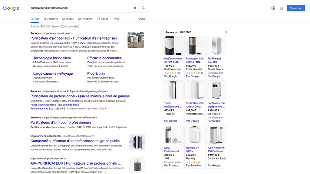 Première page des résultats de recherche Google pour la requête purificateur d'air professionnel