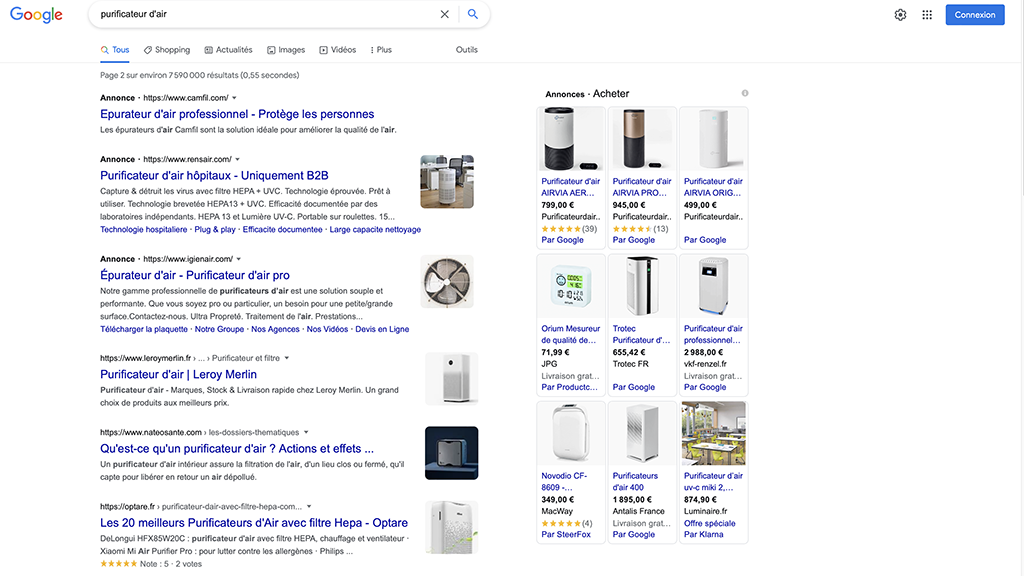 Première page des résultats de recherche Google pour la requête Purificateur d'air