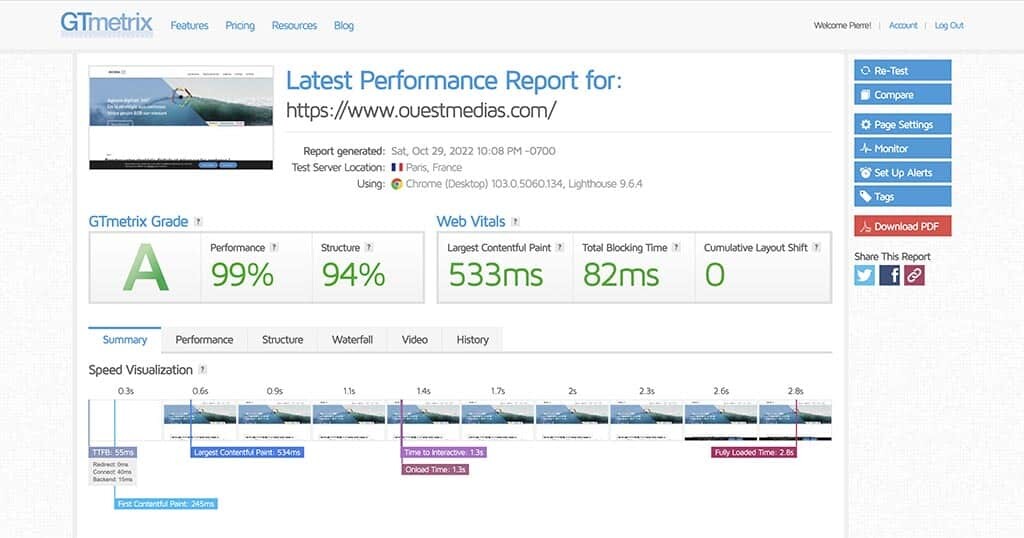 Copie d'écran du résultat du test GT Metrix du site ouestmedias.com avec une performance à 99%