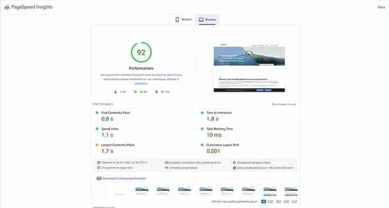 Copie d'écran de l'outil Google PageSpped Insights indiquant 92% de performances pour le site de l'agence Ouest Médias