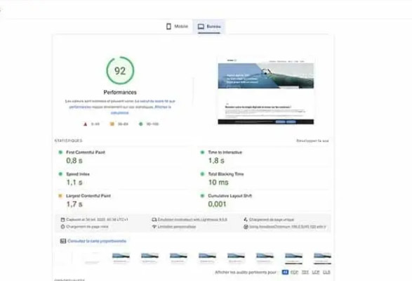 Copie d'écran de l'outil Google PageSpped Insights indiquant 92% de performances pour le site de l'agence Ouest Médias