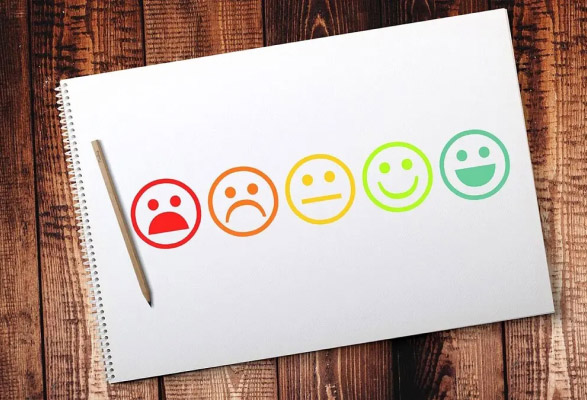 photo montrant 5 smileys de gauche à droite, de rouge pas content à vert très content