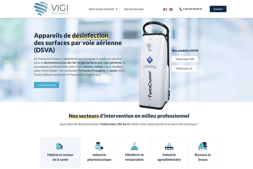 copie d'écran de la page d'accueil de la version française du site web Vigitechnics
