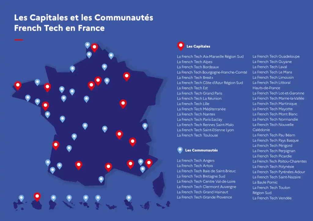 Carte de France avec des points marquant les capitales et communautés French Tech