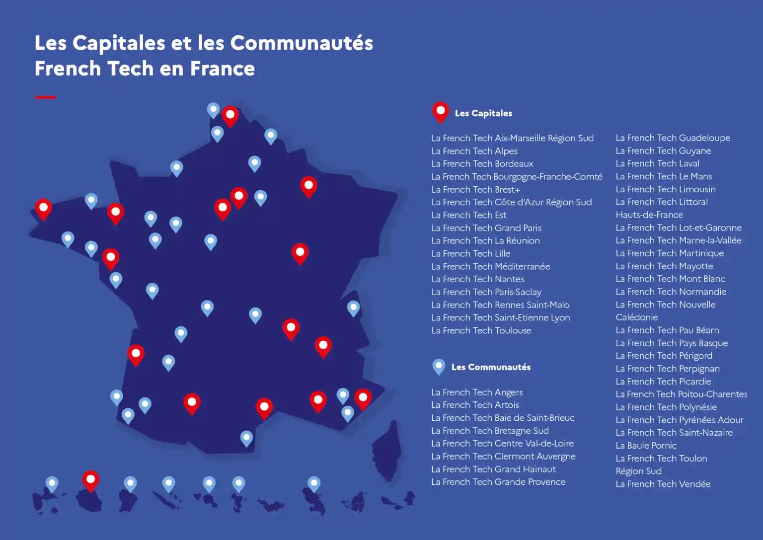 Carte de France des capitales et communautés French Tech 2023/2025