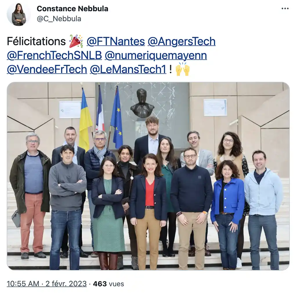 Copie d'écran d'un tweet de Constance Nebulla, vice-présidente région pays de la Loire en charge du numérique