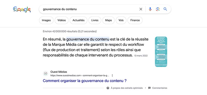 Copie d'écran de l'extrait enrichi "gouvernance du contenu" détenu par Ouest Médias dans les résultats de recherche Google