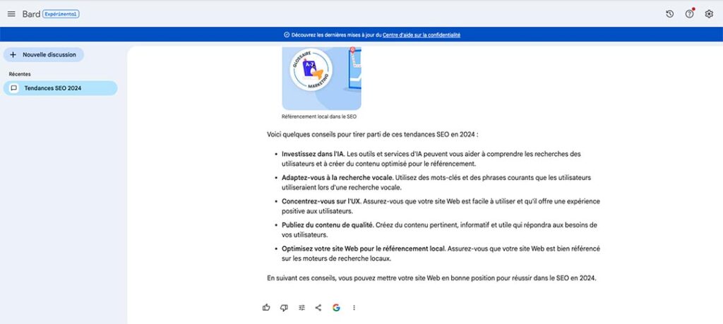 Copie d'écran de l'interface Bard enn réponse à la recherche « Tendances SEO en 2024 »