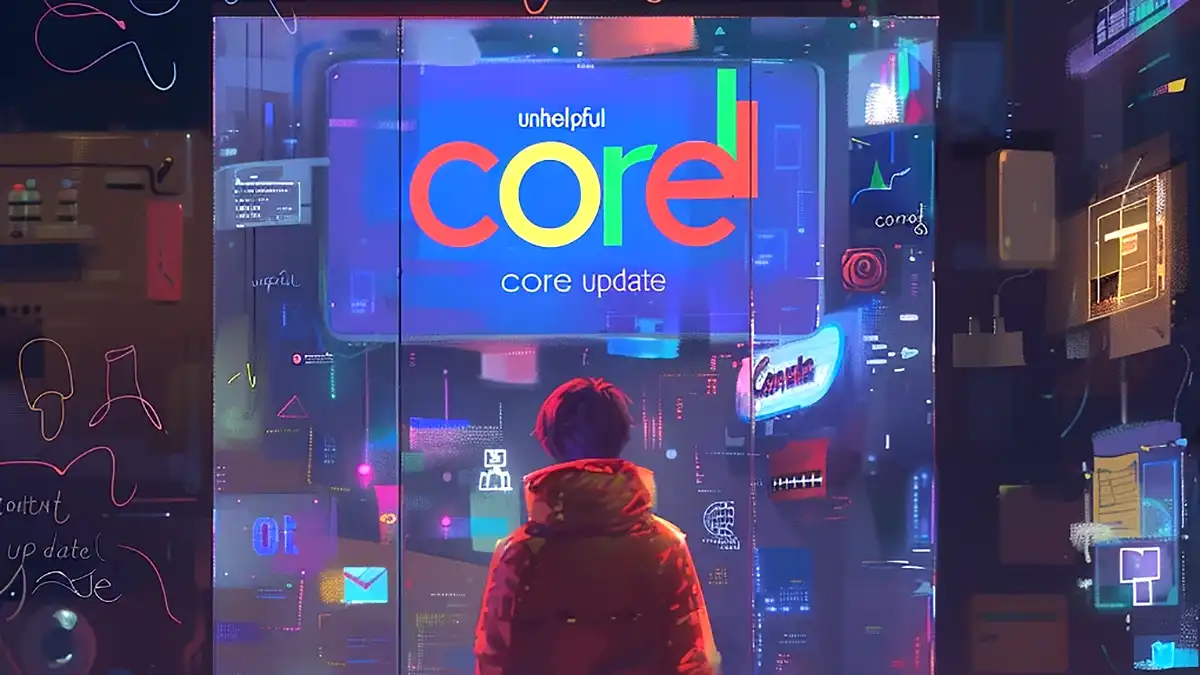 Visuel créé par l'IA Midjourney montrant un personnage de dos regardant un écran placé en hauteur sur lequel est écrit "Core Update"