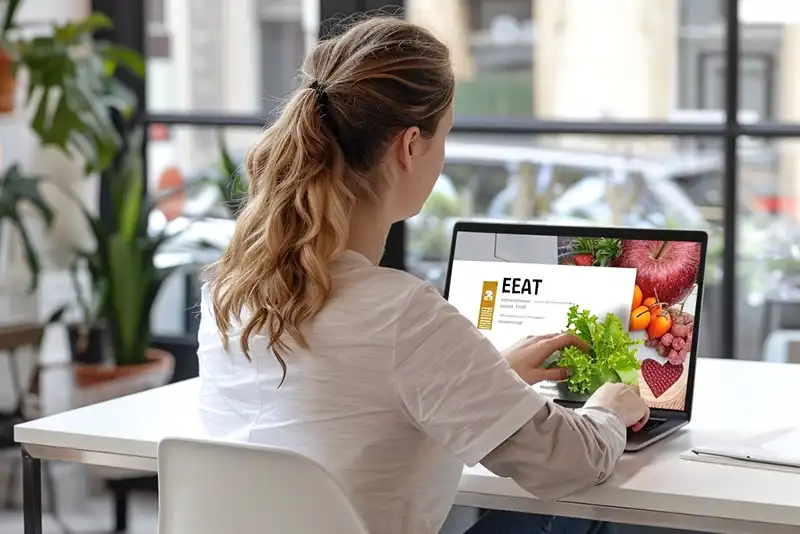 un visuel pour le web sur lequel il est inscrit l'acronyme EEAT sur un écran d'ordinateur portable posé sur une table de travail blanche dans un environnement espace de coworking casual avec une jeune femme vue de dos en trois quart arrière travaillant sur son ordinateur portable