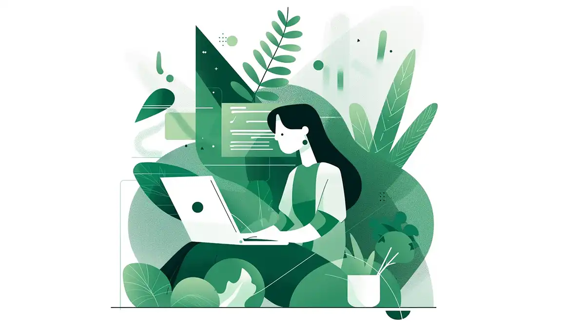 Visuel graphique représentant dans les tons vert une jeune femme aux longs cheveux noirs devant son ordinateur portable posés sur ses genoux
