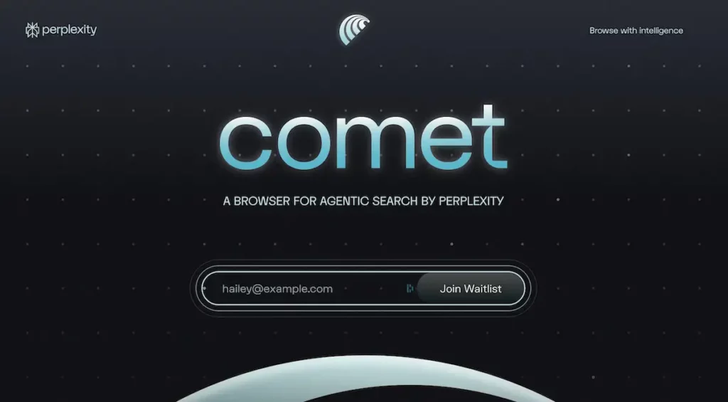 Copie d'écran de la page d'accueil de Comet le nouveau navigateur Web pour la recherche IA et agentique par Perplexity