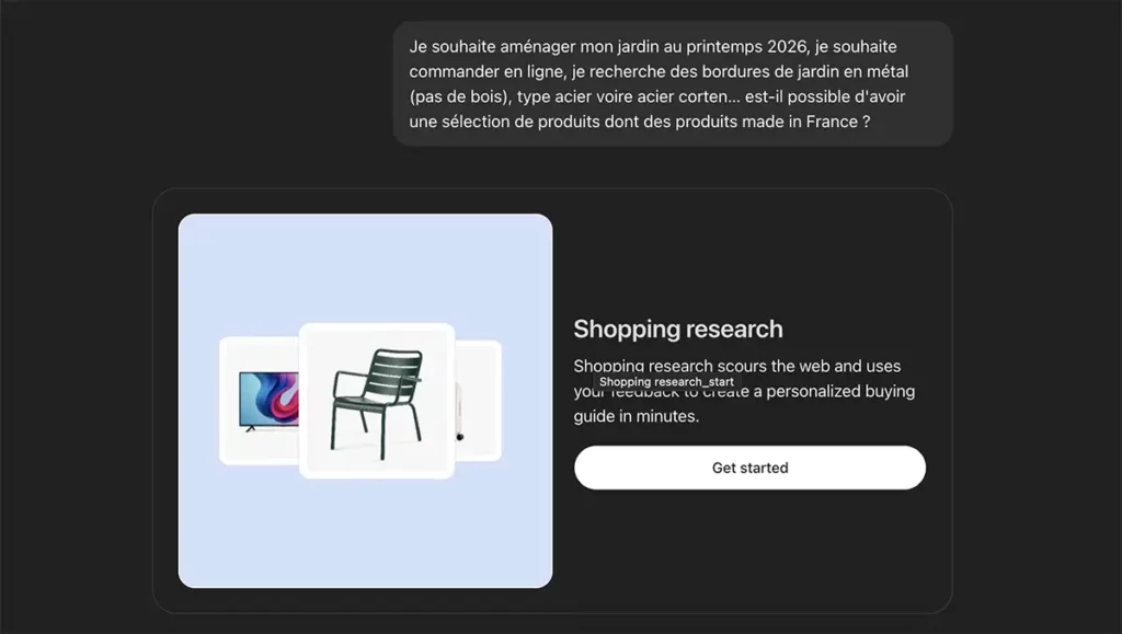 Ecran d'accueil de la recherche Chatgpt Shopping pour une recherche sur les bordures de jardin