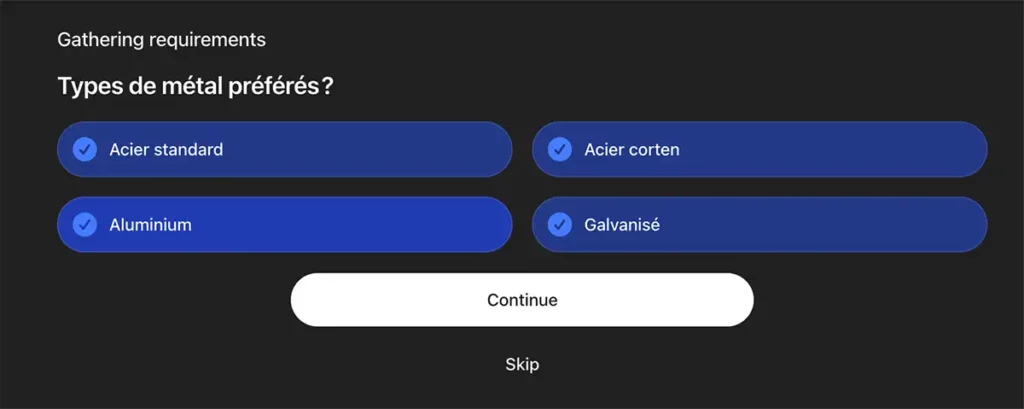 copie d'écran ChatGPT Shopping : choix du métal