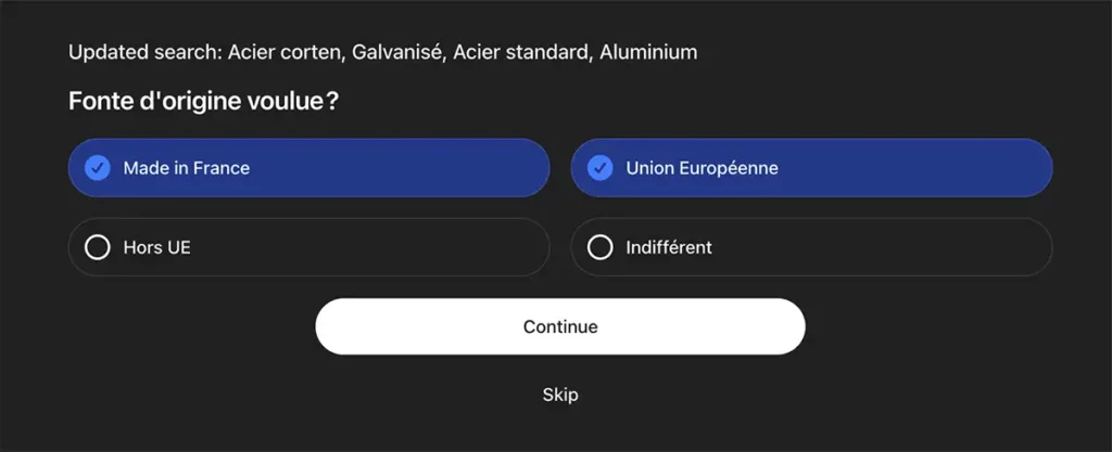 Ecran de choix de la zone de fabrication dans ChatGPT Shopping