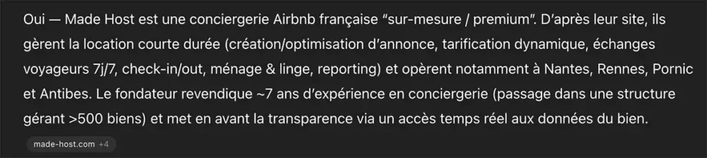 Copie d'écran ChatGPT résumant l'activité de Made Host