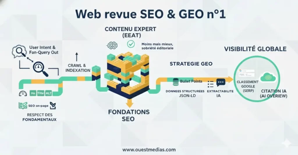 visuel de synthèse montrant la complémentarité SEO et GEO pour classement SERP et citation IA en vue d'une visibilité globale sur le Web