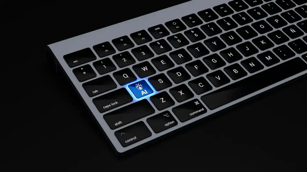 Clavier d'ordinateur sur fond noir avec touches rétro-éclairées et une touche IA en surbrillance bleue