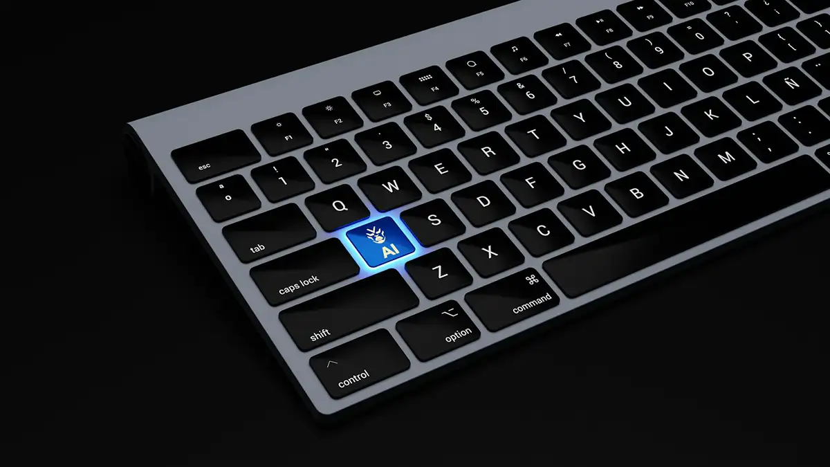 Clavier d'ordinateur sur fond noir avec touches rétro-éclairées et une touche IA en surbrillance bleue