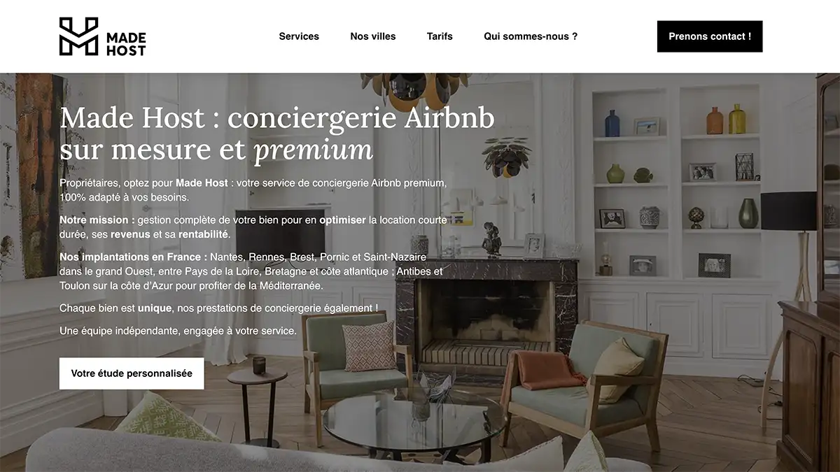 Copie d'écran de la page d'accueil du site de la conciergerie Airbnb Made Host