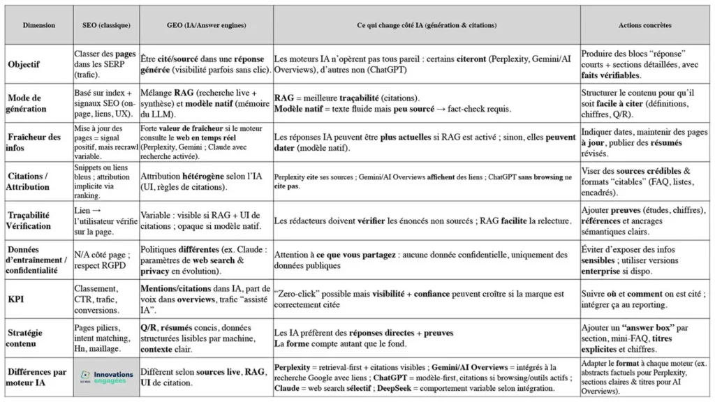 Tableau indiquant les points de rapprochement et les différences entre SEO et GEO