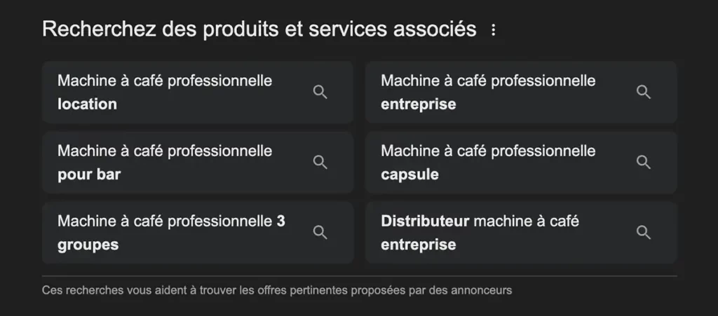 copie d'écran des recherches associées Google sur la requête "machine à café pro"