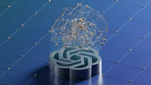 image sur fond bleu symbolisant la double recherche Google et IA avec en bas de l'image le logo d'Eopn AI et et au-dessus des réseaux de neurones