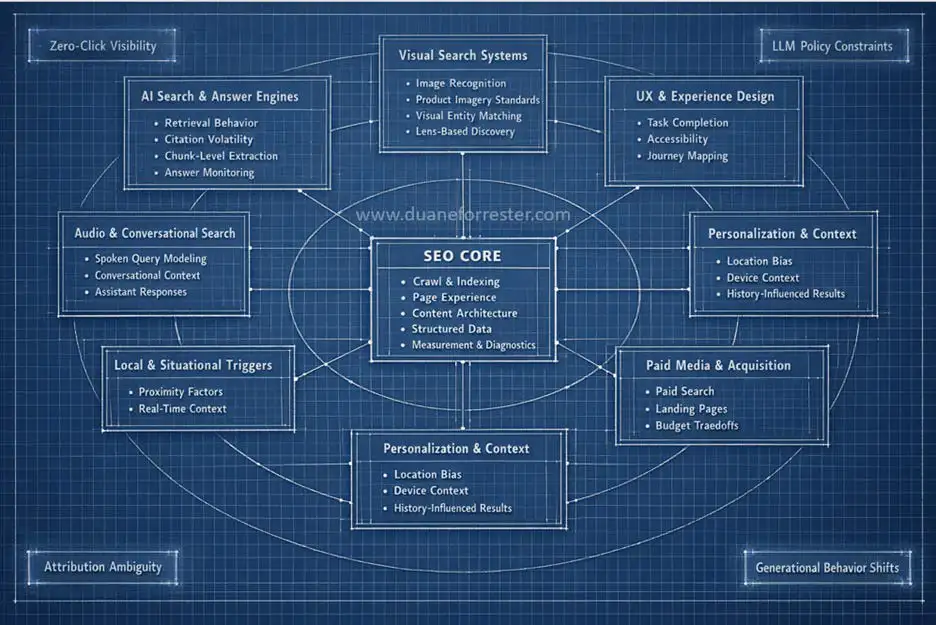 Schéma montrant la vision gloable du SEO / GEO avec le SEO Core au milieu