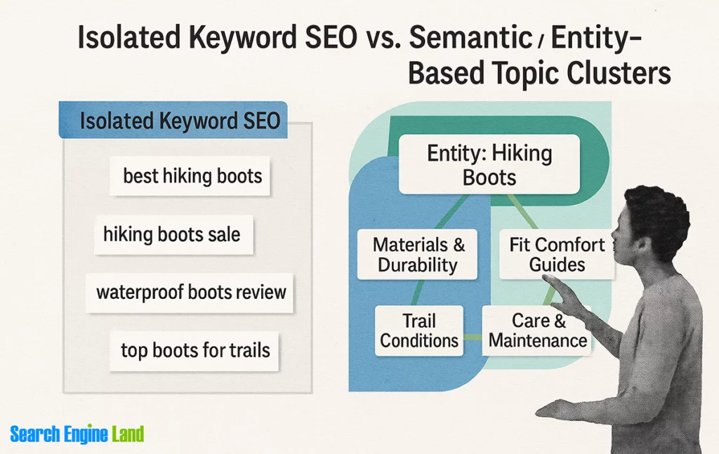 Visuel montrant l'évolution des mots clés isolées (à gauche) vers une vision sémantique basée sur l'entité et le topic clusters