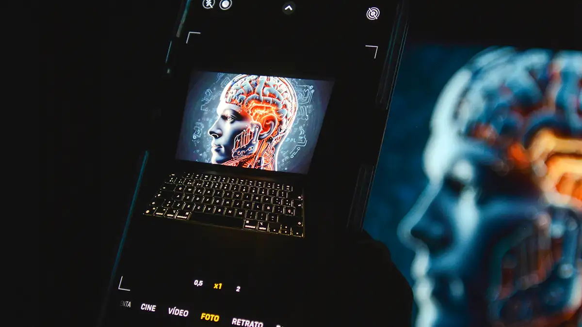 Image sur fond noir montrant l'écran d'un smartphone avec un humanoïde